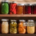 Subject: Two wooden shelves holding a variety of canned vegetables and fruits, lined up in rows of glass jars. Food staples canned include jellies, sauces, or slices of carrots, green beans, tomatoes, corn, sweet potatoes, sauerkraut, roasted red peppers, dill pickles, raspberry jam, orange marmalade, grape jelly, and a tomato and corn soup.